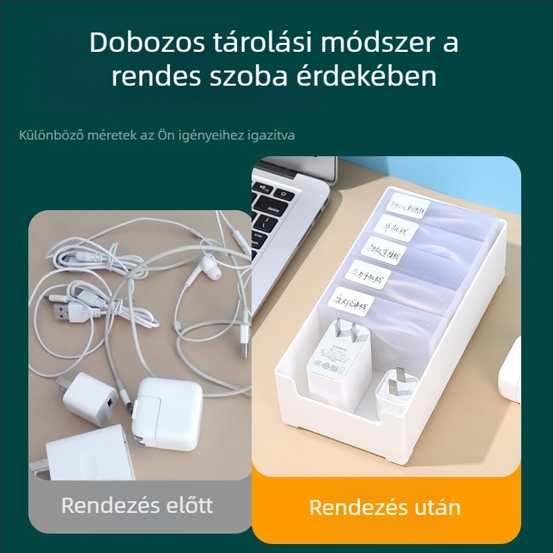 Kábel rendező doboz rekeszekkel kábelek, töltők és fülhallgatók számára