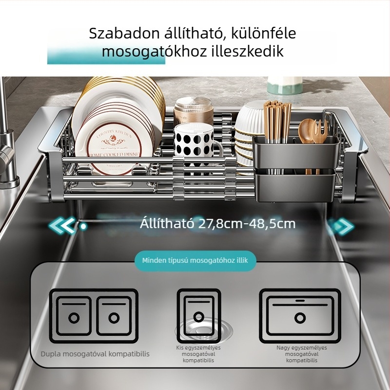 Kibővíthető mosogató szárító- és leeresztő polc edényekhez, tálakhoz és evőeszközökhöz — konyhai szervező