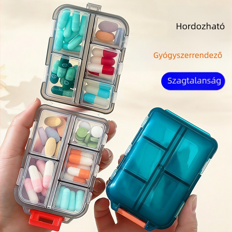 Hordozható heti gyógyszeres doboz három napi adaggal és fedéllel