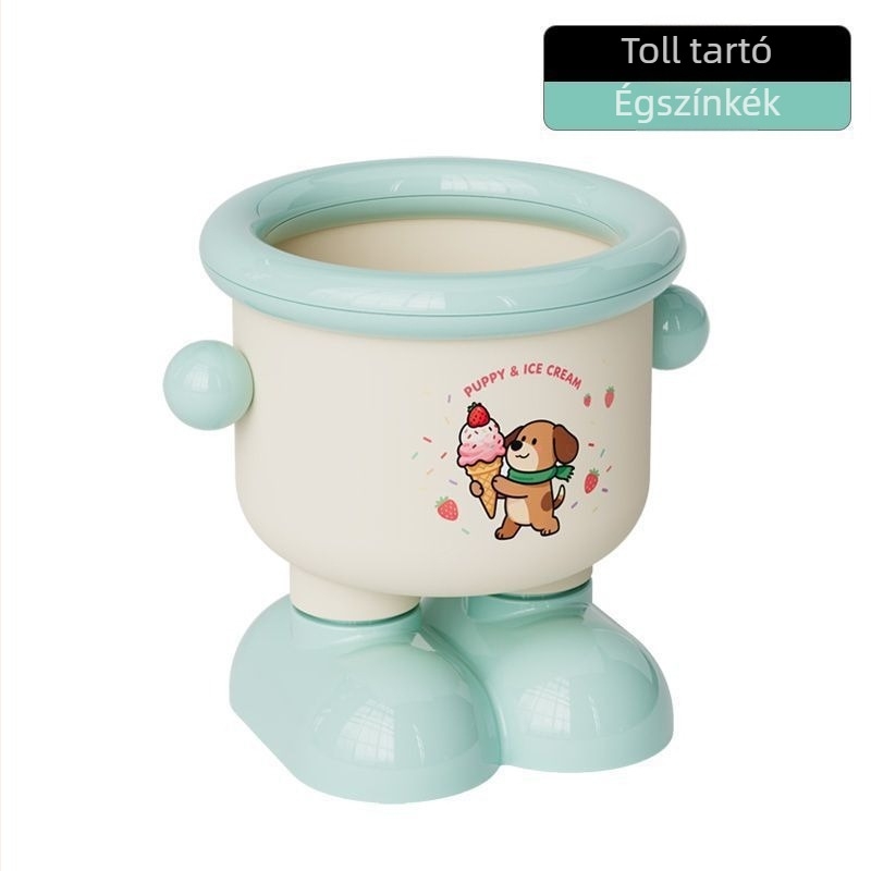 Karikatúra-stílusú asztali rendező tolltartóval és kozmetikai tárolóval, aranyos formájú szemetes