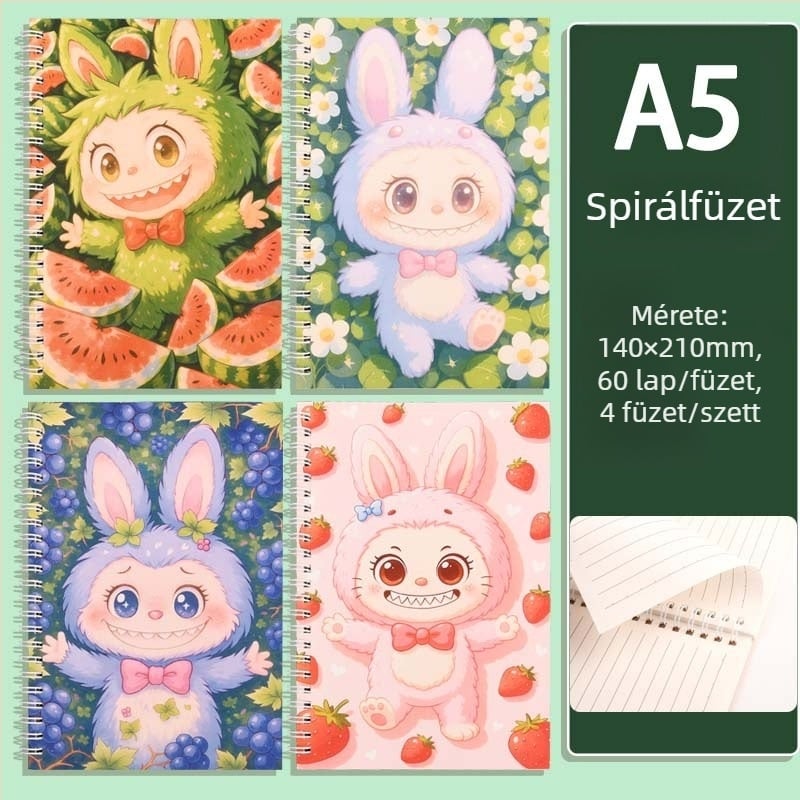 A5-ös spirálfüzet animációs illusztrációkkal, diákoknak, hordozható napló