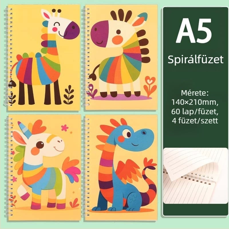 A5-ös spirálfüzet animációs illusztrációkkal, diákoknak, hordozható napló