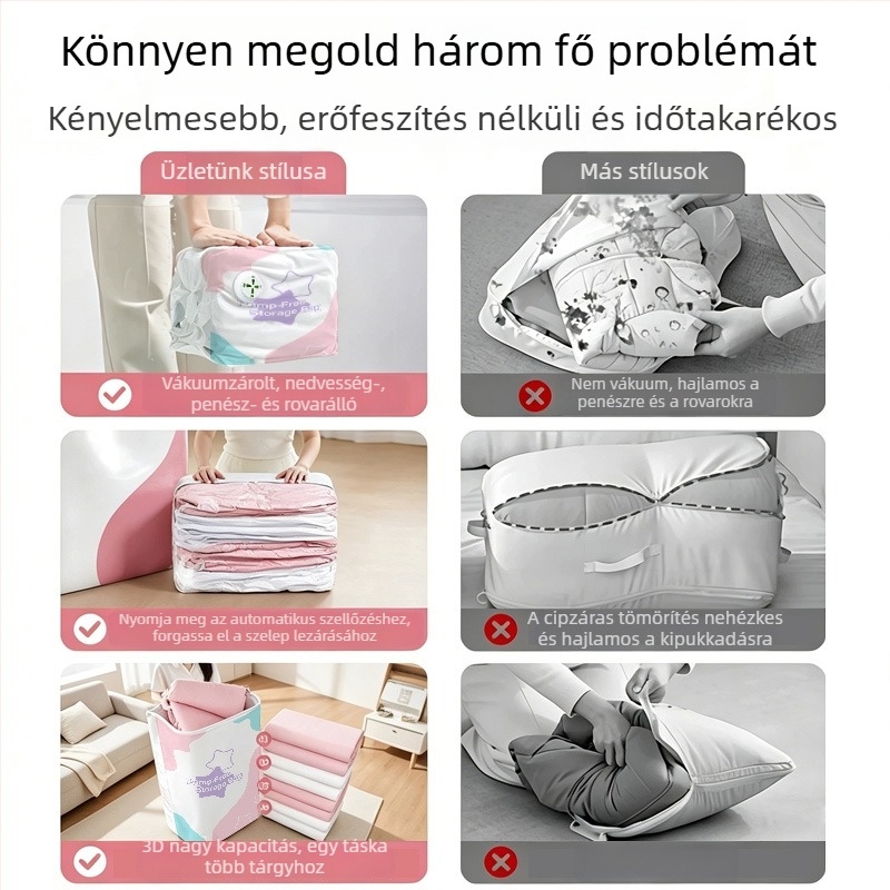 Pumpa nélküli 3D vákuum tároló tasak paplanok és ruhák számára, nagy kapacitás