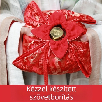 Tiszta réz melegvíztáska kézzel készített textilborítóval és nyomtatott mintával, aranyos kézmelegítő tok, kiegészítő ősi Hanfu stílusban