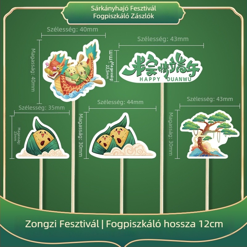 Dekoratív bambusz nyársak a Sárkányhajó Fesztiválra – DIY készlet aranyos karikatúra matricákkal, kis zászlókkal és gyümölcsnyársakkal