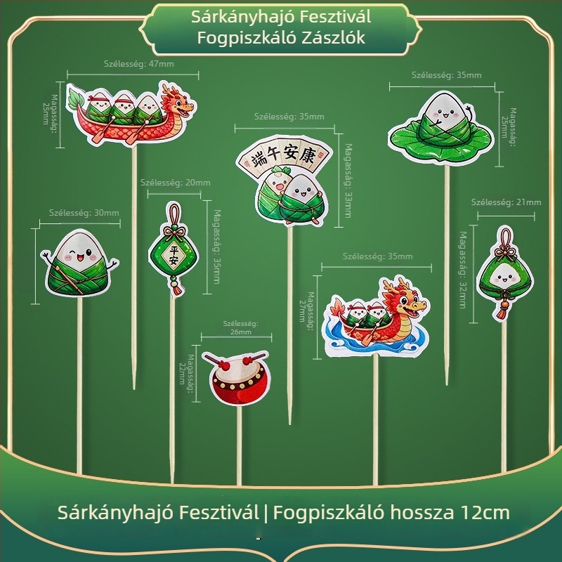 Dekoratív bambusz nyársak a Sárkányhajó Fesztiválra – DIY készlet aranyos karikatúra matricákkal, kis zászlókkal és gyümölcsnyársakkal