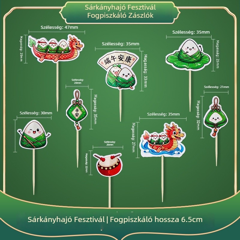 Dekoratív bambusz nyársak a Sárkányhajó Fesztiválra – DIY készlet aranyos karikatúra matricákkal, kis zászlókkal és gyümölcsnyársakkal