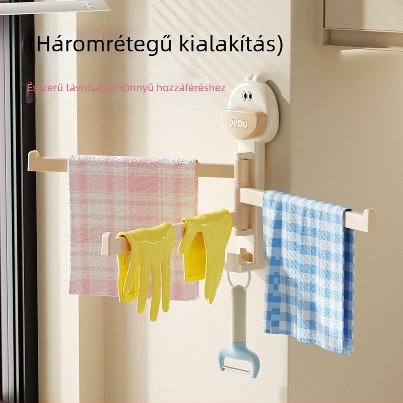 Falra szerelhető ventuzás konyhai kendő- és törölközőtartó, forgó, több rúdból álló leeresztő állvány