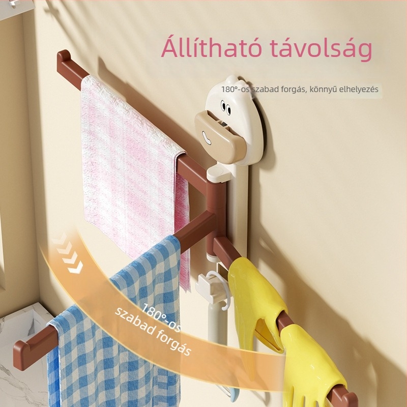 Falra szerelhető ventuzás konyhai kendő- és törölközőtartó, forgó, több rúdból álló leeresztő állvány