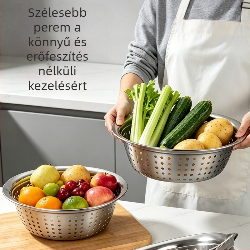Élelmiszer-minőségű rozsdamentes acél leeresztő kosár gyümölcsök és zöldségek számára, konyha többfunkciós, vastag falú mosó- és szűrőedény