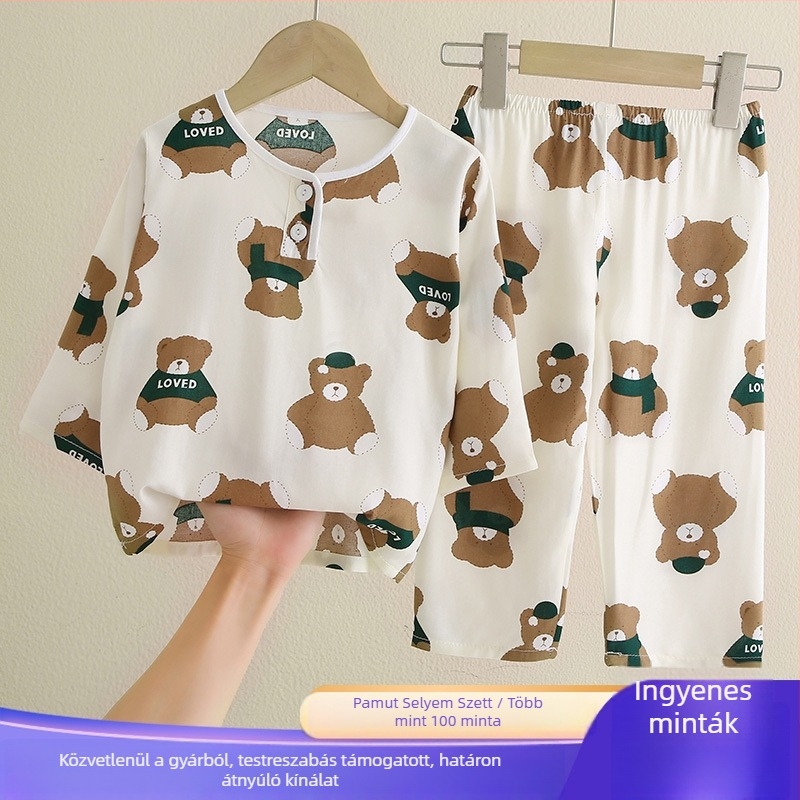 Gyerekek nyári pamutselyem pizsama készlet, uniszex, mintás