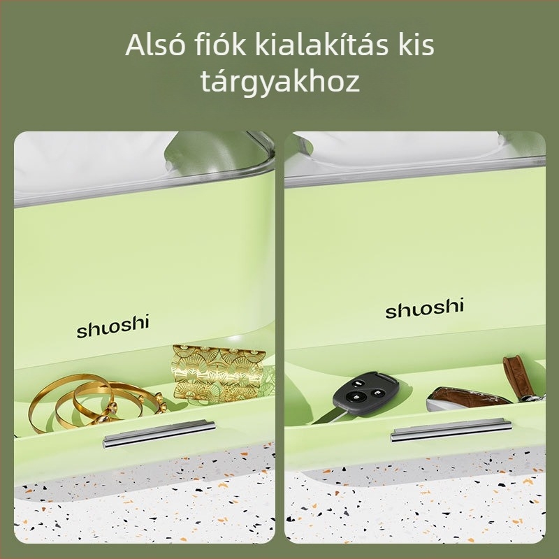 Krémszínű asztali zsepiadagoló dupla porvédő kupakkal és rugós húzóval, kulcs- és maszk-tároló az előszobában