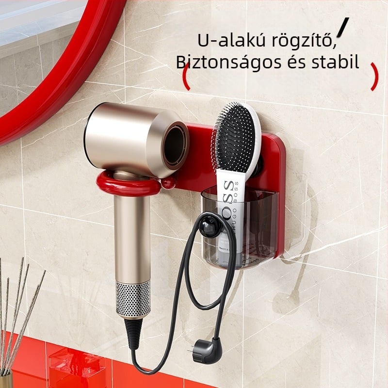 Falihoz szerelhető hajszárító tartó – fürdőszobai tárolópolc, modern minimalist stílus