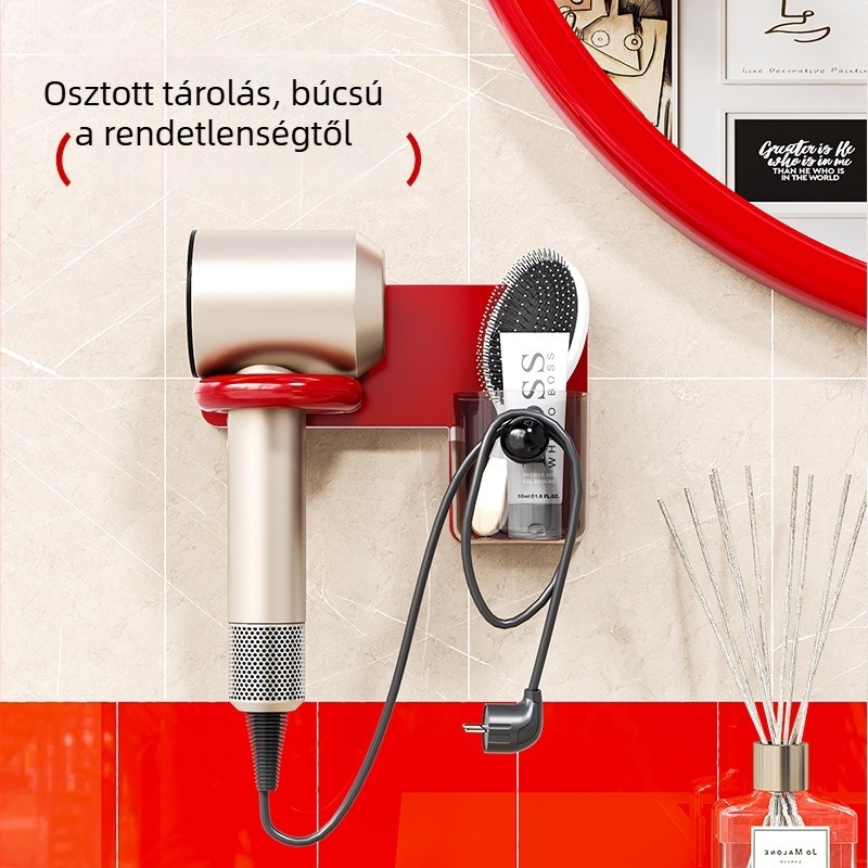 Falihoz szerelhető hajszárító tartó – fürdőszobai tárolópolc, modern minimalist stílus