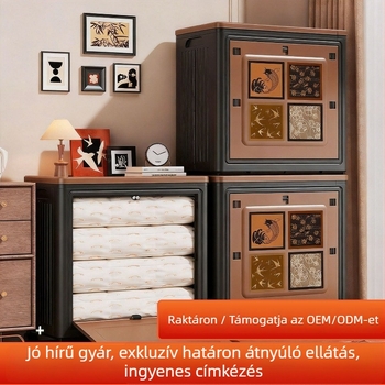 Fedeles, dupla ajtós ruhatároló doboz, kerekekkel, nagy kapacitású, ruhák és ágynemű tárolására
