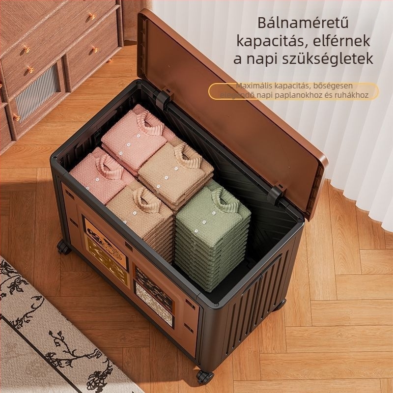 Fedeles, dupla ajtós ruhatároló doboz, kerekekkel, nagy kapacitású, ruhák és ágynemű tárolására