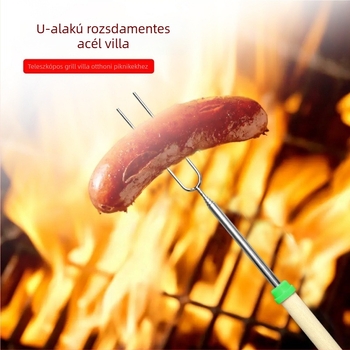 Rozsdamentes acélból készült U-alakú grillvilla fa nyéllel, teleszkópos kültéri grillszúró, pillecukor nyárs és grillnyárs
