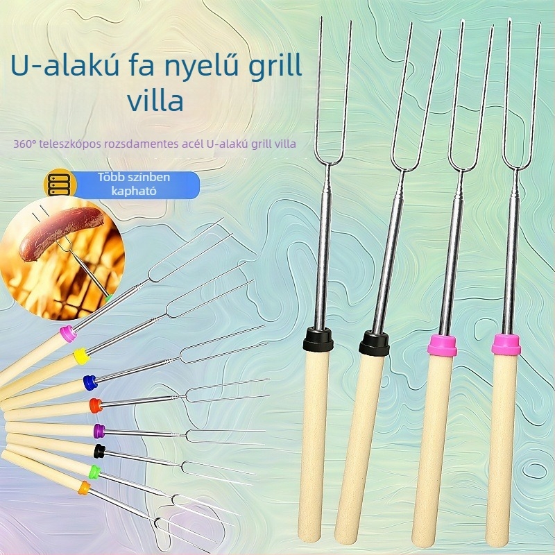 Rozsdamentes acélból készült U-alakú grillvilla fa nyéllel, teleszkópos kültéri grillszúró, pillecukor nyárs és grillnyárs