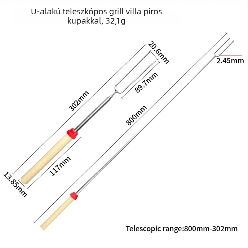 Rozsdamentes acélból készült U-alakú grillvilla fa nyéllel, teleszkópos kültéri grillszúró, pillecukor nyárs és grillnyárs