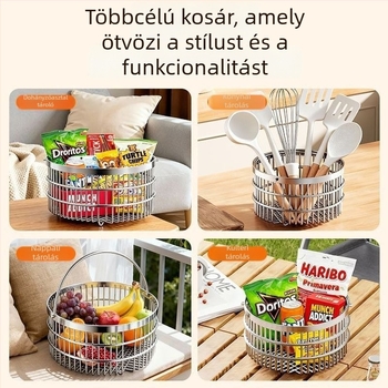 Rozsdamentes acél konyhai gyümölcs- és zöldséghordó kosár, nagy kapacitású, leeresztőkosár, nappaliba való tároló, multifunkcionális rendező