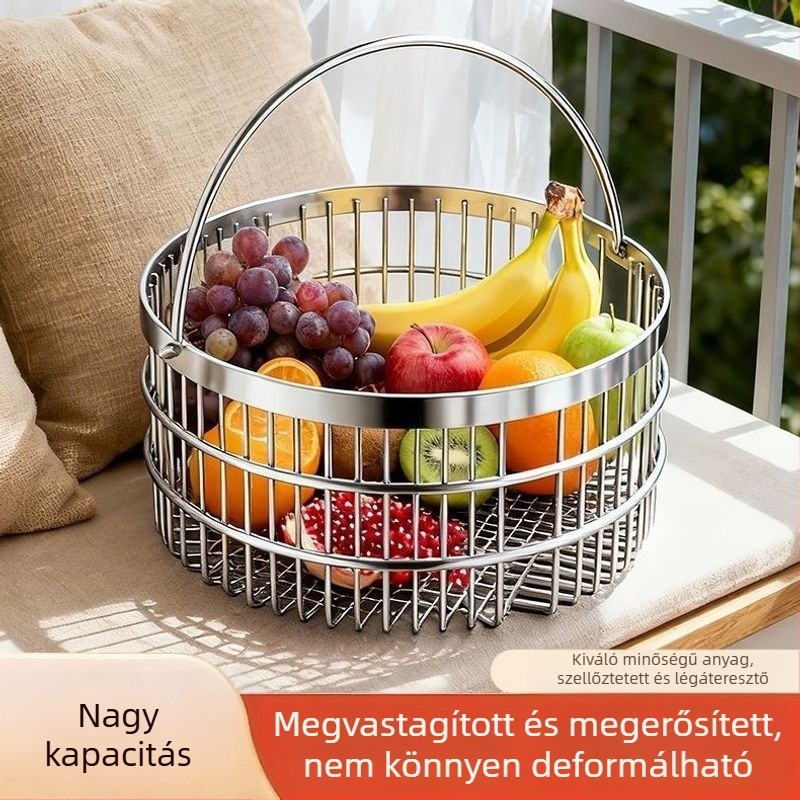 Rozsdamentes acél konyhai gyümölcs- és zöldséghordó kosár, nagy kapacitású, leeresztőkosár, nappaliba való tároló, multifunkcionális rendező