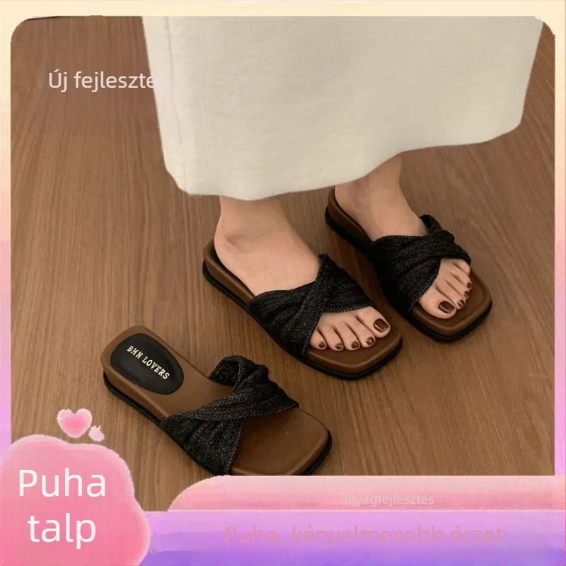 Női 4 cm vastag talpú szandál, nyaralós szalmából font dizájn, francia retro stílus, slip-on