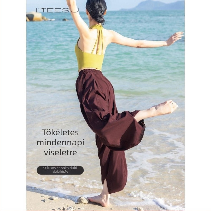 Kávé színű harém yoga nadrág zsebekkel, lazább szabás, női sportnadrág