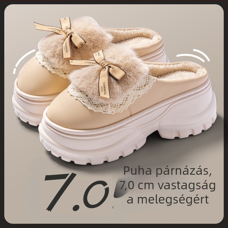 Női pamut papucs masnival, otthoni viselet, őszi–téli 2024, vastag talp, meleg plüss, csúszásmentes