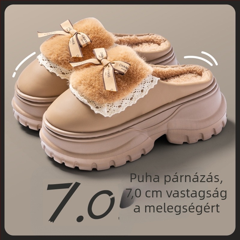 Női pamut papucs masnival, otthoni viselet, őszi–téli 2024, vastag talp, meleg plüss, csúszásmentes