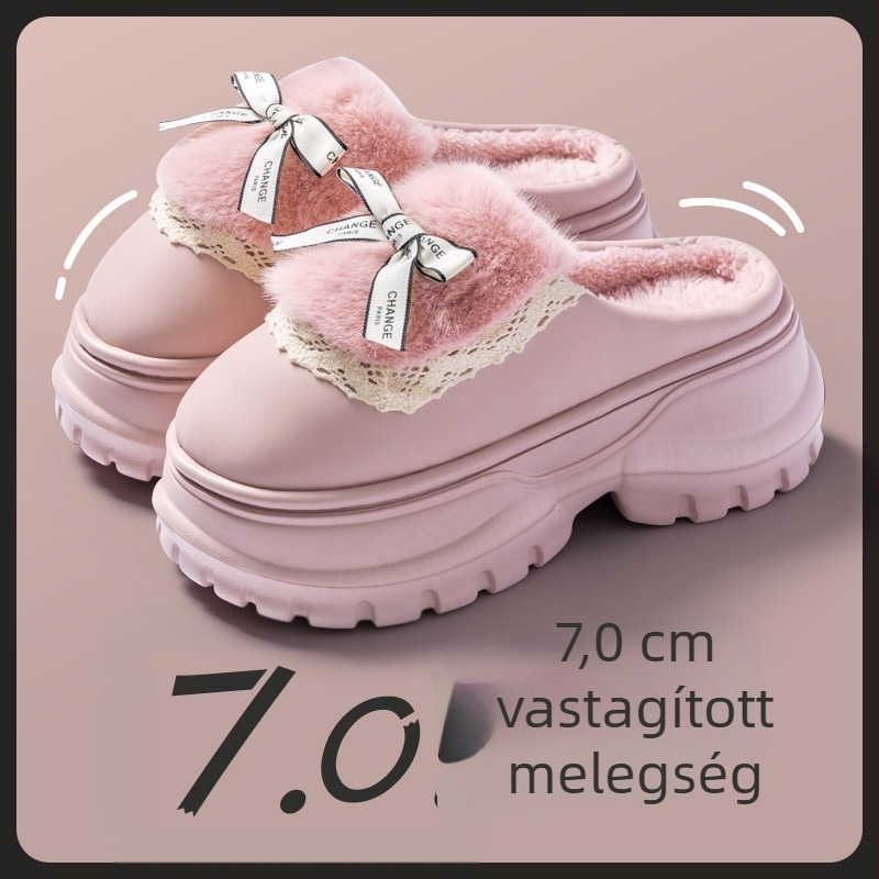 Női pamut papucs masnival, otthoni viselet, őszi–téli 2024, vastag talp, meleg plüss, csúszásmentes