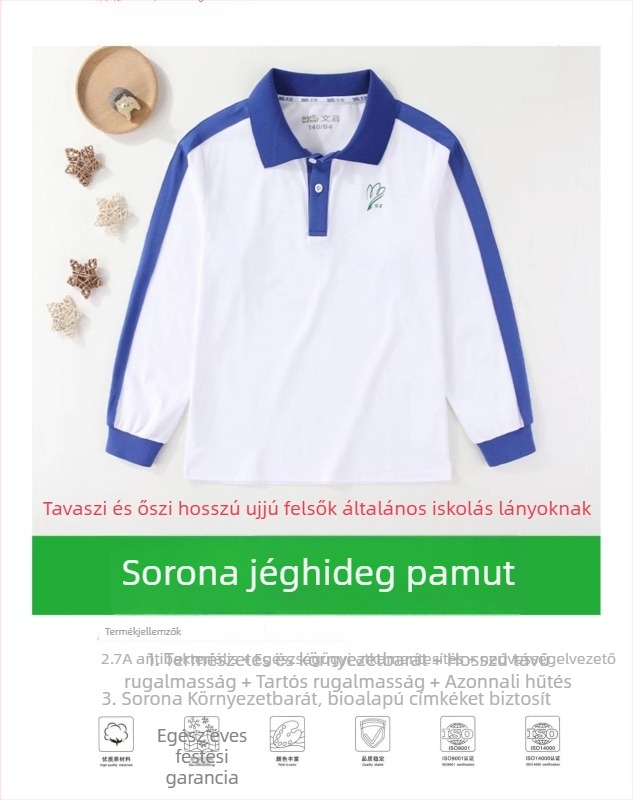 Nyári iskolai egyenruha általános iskolásoknak, rövid ujjú felső és hosszú nadrág szett, Sorona anyag