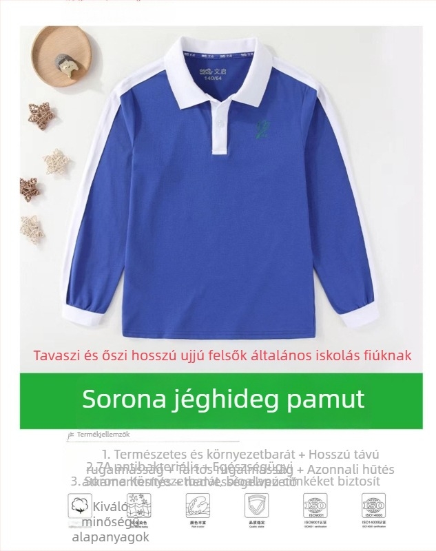 Nyári iskolai egyenruha általános iskolásoknak, rövid ujjú felső és hosszú nadrág szett, Sorona anyag