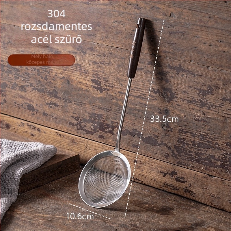 304 rozsdamentes acél szűrőkanál fa nyéllel, hálós szita olaj szűréséhez, hab eltávolításához, liszt átszitolásához, olaj kontroll