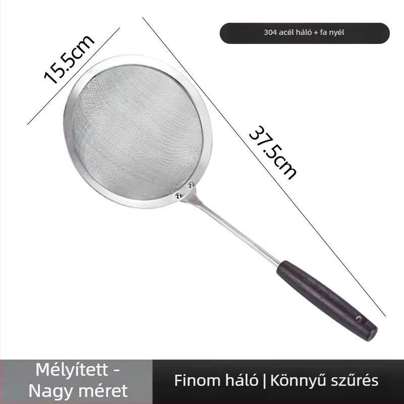 304 rozsdamentes acél szűrőkanál fa nyéllel, hálós szita olaj szűréséhez, hab eltávolításához, liszt átszitolásához, olaj kontroll