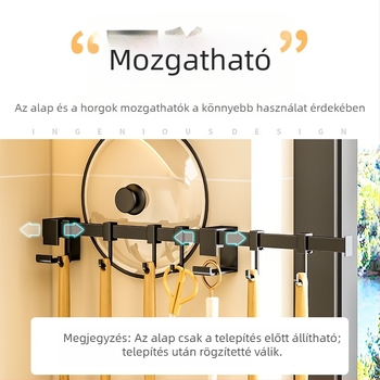 Falihoz rögzíthető fúrás nélküli fekete kampóállvány konyhai eszközökön, minimalistikus kialakítás