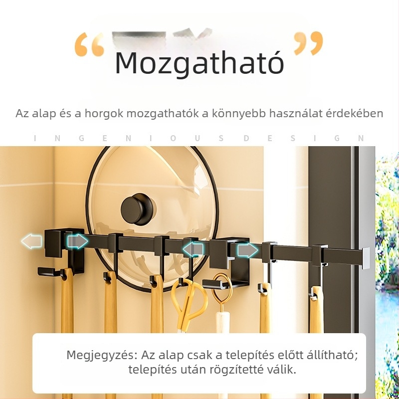 Falihoz rögzíthető fúrás nélküli fekete kampóállvány konyhai eszközökön, minimalistikus kialakítás