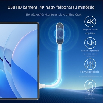 USB élő közvetítésű webkamera otthoni használatra, kompatibilis laptophoz és asztali számítógéphez, USB-kábel, 4K videókamerával