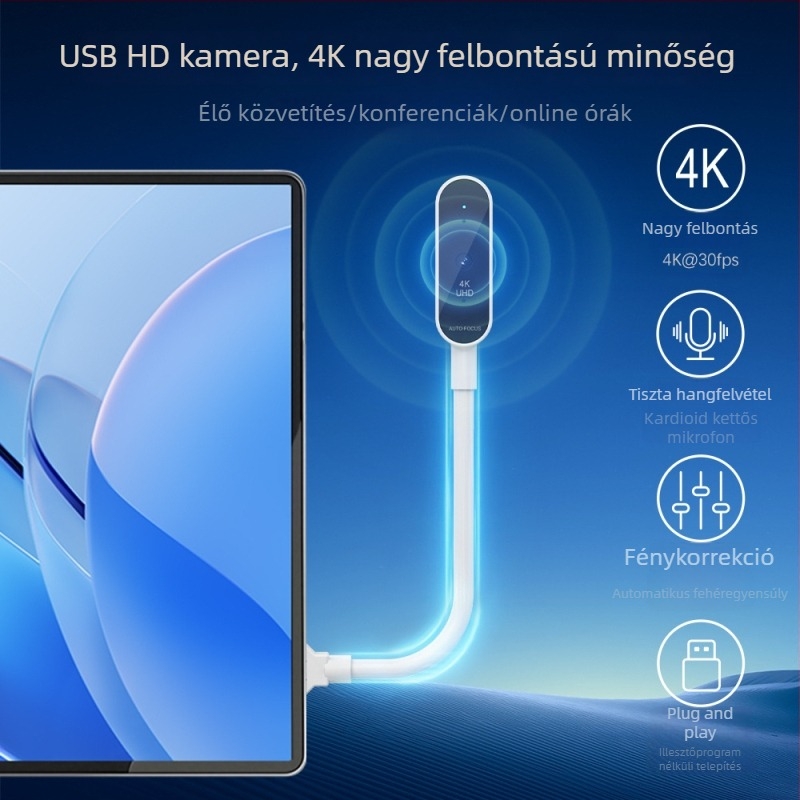 USB élő közvetítésű webkamera otthoni használatra, kompatibilis laptophoz és asztali számítógéphez, USB-kábel, 4K videókamerával
