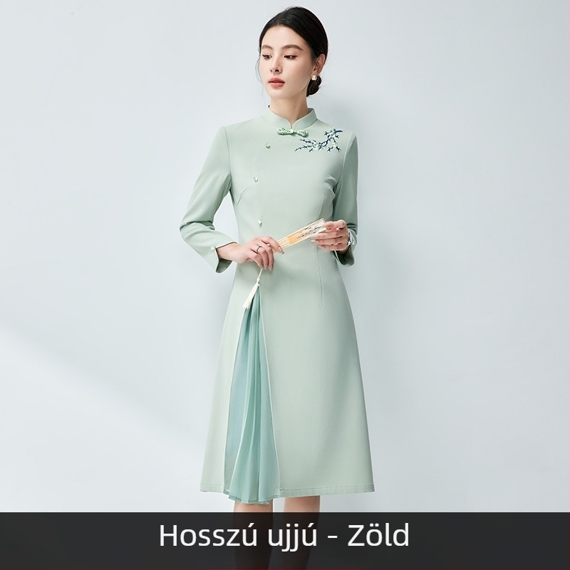 Női őszi professzionális ruha, kínai stílusú, cheongsam-ihlette, elegáns munkaruházat