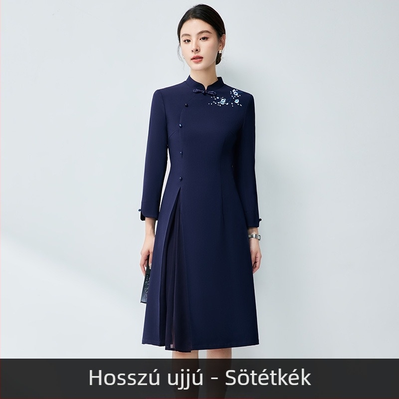 Női őszi professzionális ruha, kínai stílusú, cheongsam-ihlette, elegáns munkaruházat
