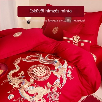 Piros hímzett, négy darabos pamut ágyneműkészlet esküvőre, luxus stílus, 2026-os új modell