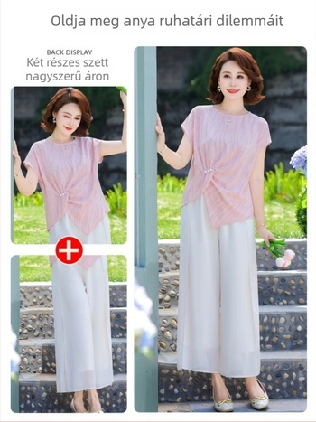 Középkorú és idősebb nők nyári szettje: virágmintás ice-silk felső és cropped nadrág