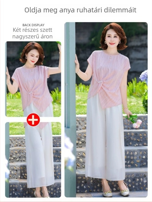 Középkorú és idősebb nők nyári szettje: virágmintás ice-silk felső és cropped nadrág