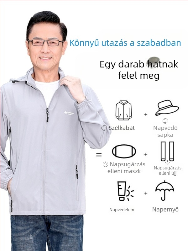 Férfi vékony, UV-védett, légáteresztő nyári kabát, kapucnival, szabadtéri horgászathoz
