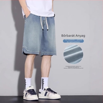 Férfi Lyocell-denim rövidnadrág nyárra, vékony anyag, laza egyenes fazon, 2026-os modell, középmagasságú hossz.