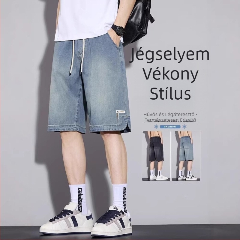 Férfi Lyocell-denim rövidnadrág nyárra, vékony anyag, laza egyenes fazon, 2026-os modell, középmagasságú hossz.