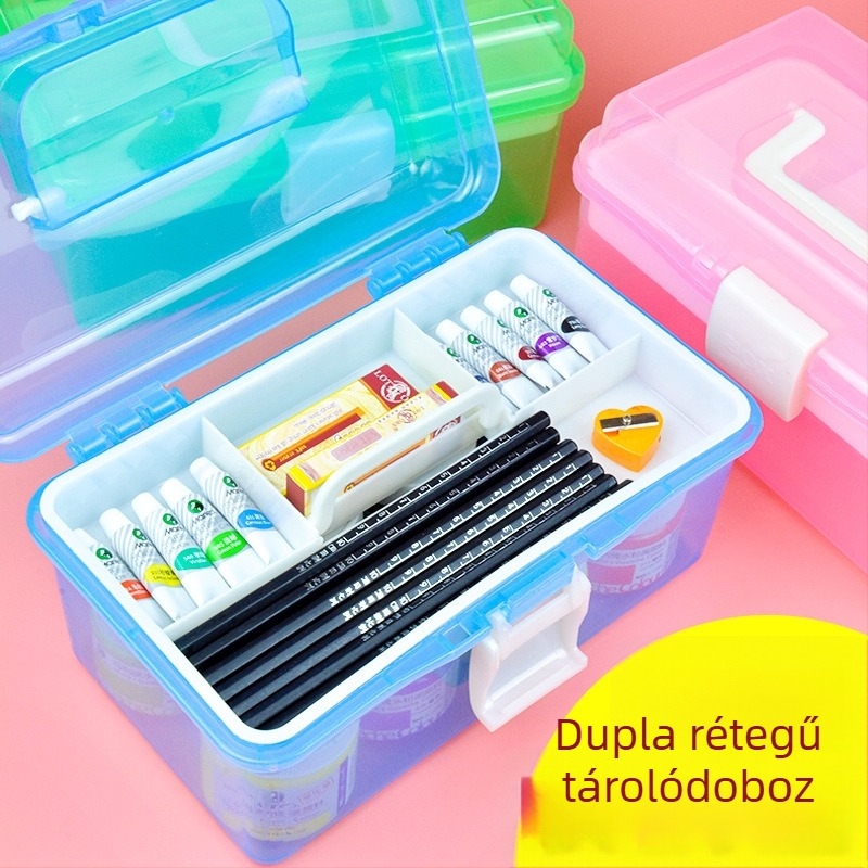 Kétemeletes hordozható műanyag tárolódoboz, fogantyúval, ceruzákhoz, művészeti kellékekhez és gyógyszerekhez