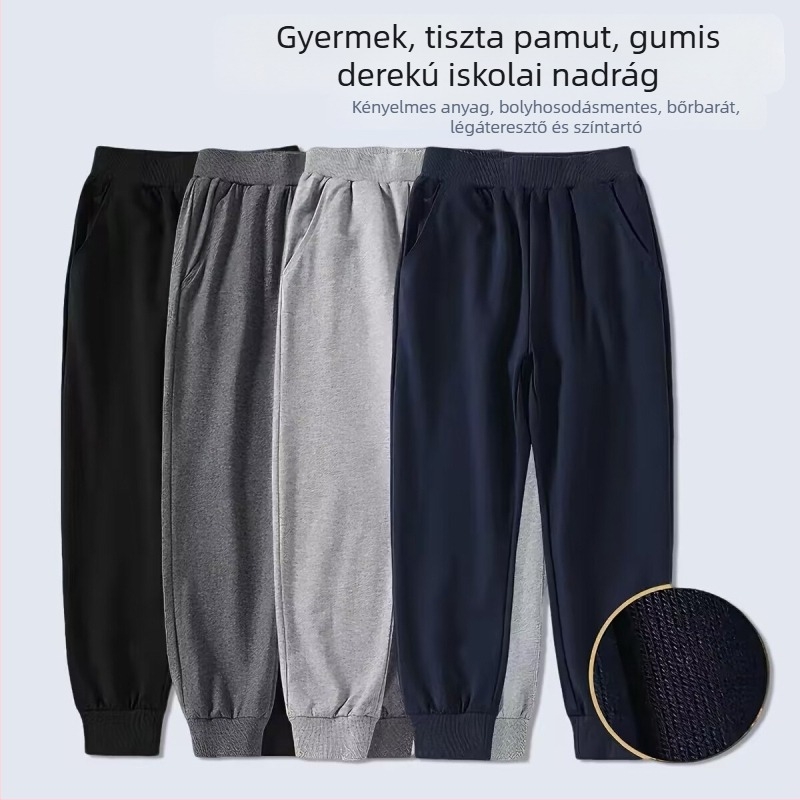 Gyermekek iskolai egyenruha nadrág pamutból, vékony tavasz–ősz, hosszú, uniszex, elasztikus derekú és bokán szorított fazon