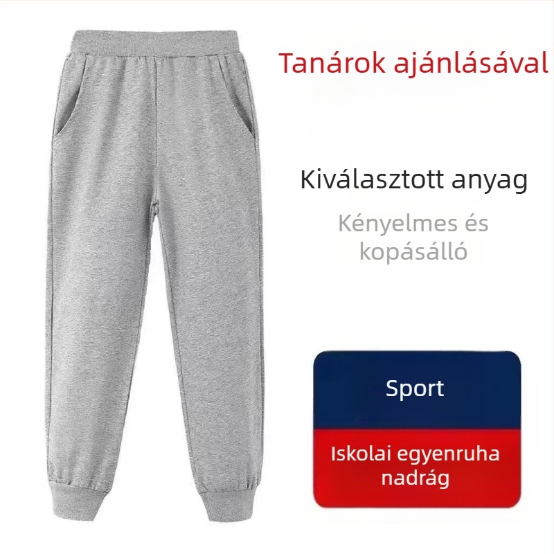 Gyermekek iskolai egyenruha nadrág pamutból, vékony tavasz–ősz, hosszú, uniszex, elasztikus derekú és bokán szorított fazon