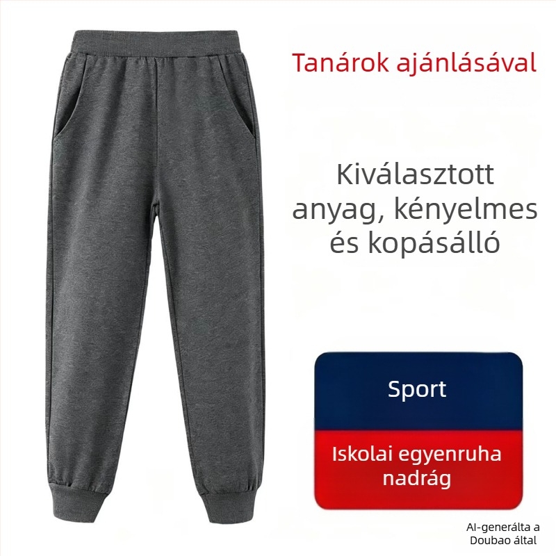 Gyermekek iskolai egyenruha nadrág pamutból, vékony tavasz–ősz, hosszú, uniszex, elasztikus derekú és bokán szorított fazon